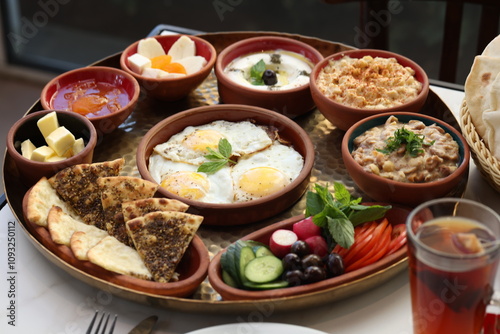 A traditional Lebanese breakfast spread featuring fried eggs, zaatar, hummus, labneh, butter, apricot jam, fresh vegetables, olives, and Lebanese bread, beautifully arranged on a rustic tray.