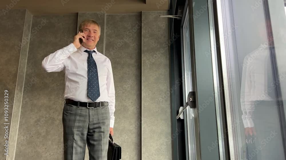 Professional man in a suit speaks on the phone while gazing out an office window. Professional man in a suit speaks on the phone while gazing out an office window.