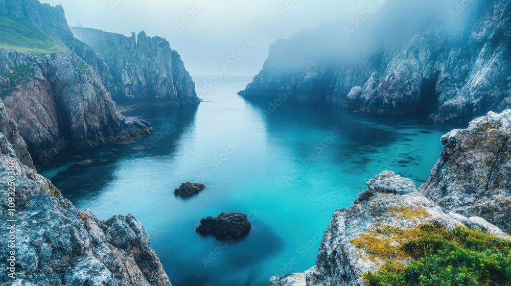 Tranquil Coastal Landscape with Rugged Cliffs and Misty Waters at Dawn, Capturing the Serene Beauty of Nature in a Remote Seaside Location Tranquil Coastal Landscape with Rugged Cliffs and Misty Waters at Dawn, Capturing the Serene Beauty of Nature in a Remote Seaside Location