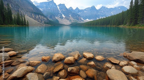 A serene lake surrounded by mountains and forests, showcasing natural beauty and tranquility.