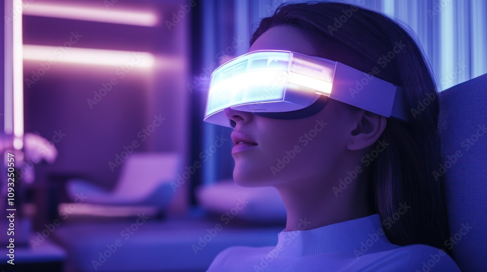 A woman wearing futuristic VR goggles in a modern, illuminated environment. A woman wearing futuristic VR goggles in a modern, illuminated environment.