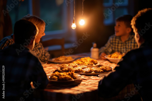 Family enjoying cozy dinner with latkes under warm lighting photo