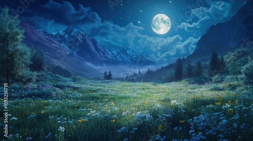 Enchanting Moonlit Landscape with Lush Green Meadows, Vibrant Wildflowers, and Majestic Mountains Under a Starry Sky at Night