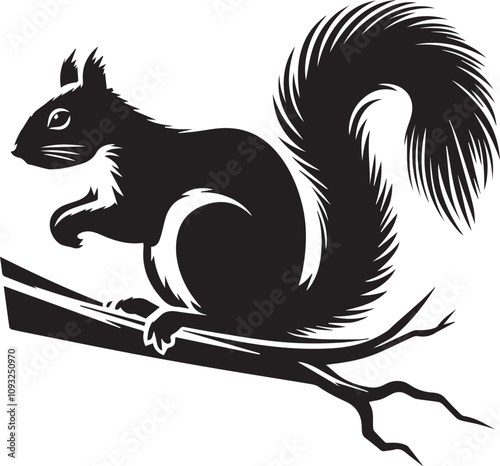 A squirrel perched lazily on a branch tail drooping silhouette vector