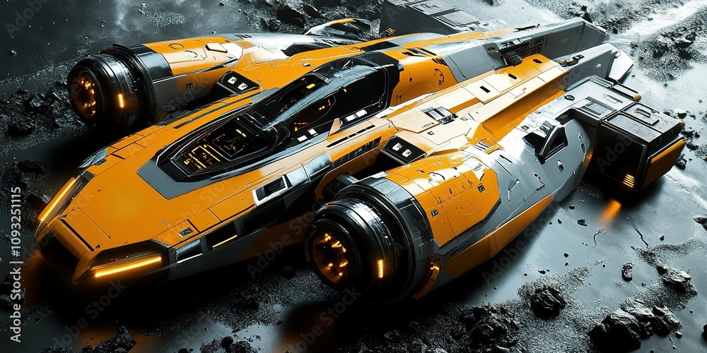 Futuristic spacecraft rests on an alien landscape with rocky terrain and glowing details Futuristic spacecraft rests on an alien landscape with rocky terrain and glowing details