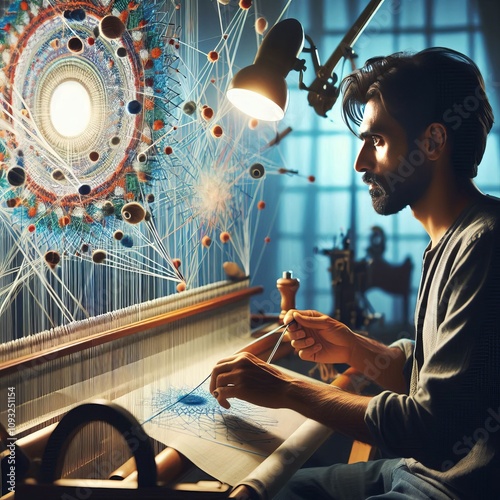 Screenwriter weaving narrative threads on story loom