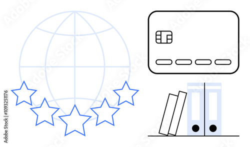 Credit card next to globe with five stars and books and folders. Ideal for finance, education, ratings, global business, online transactions, studies, and organization. Line metaphor