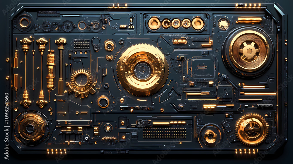 Fototapeta premium Intricate steampunk gear mechanism with golden components and detailed mechanical design in an industrial scene. Mechanical Gear Mechanism. Illustration