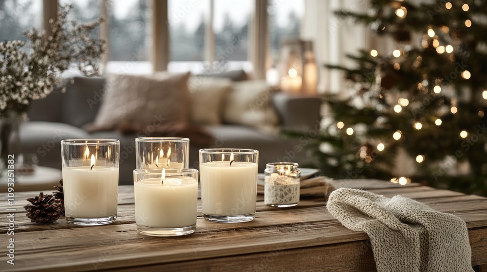 Burning Candles Adorn A Cozy Winter Room Setting Burning Candles Adorn A Cozy Winter Room Setting