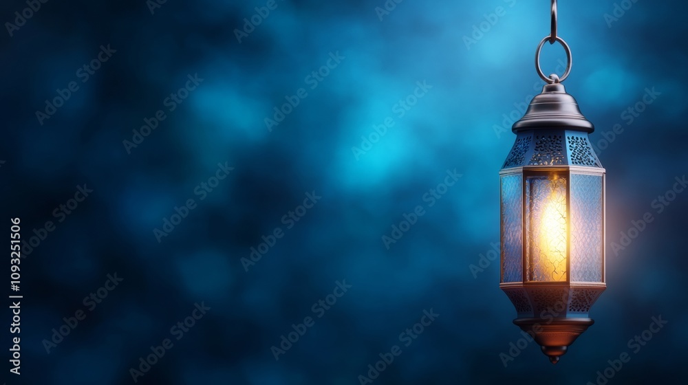 Elegant hanging lantern illuminating a tranquil space with a soft warm glow against a dreamy blue bokeh background, perfect for ambiance and decor inspiration. Elegant hanging lantern illuminating a tranquil space with a soft warm glow against a dreamy blue bokeh background, perfect for ambiance and decor inspiration.