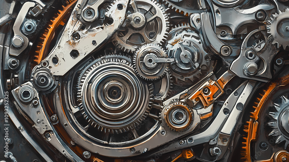Hyper-realistic close-up of a gear mechanism, with intricate details of the metal, showing the complexity of mechanical design. Mechanical Gear Mechanism. Illustration Hyper-realistic close-up of a gear mechanism, with intricate details of the metal, showing the complexity of mechanical design. Mechanical Gear Mechanism. Illustration
