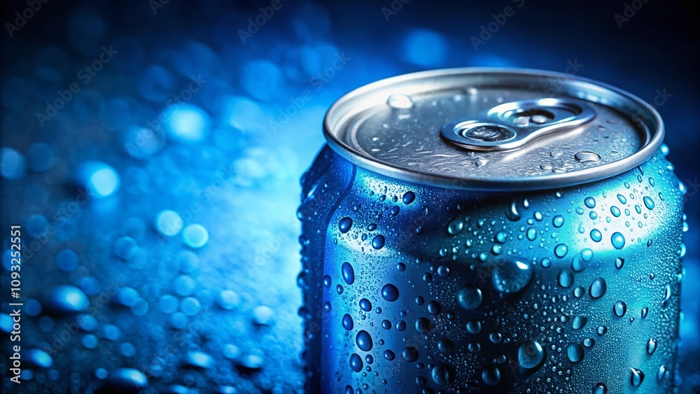Refreshing Blue Can of Soda with Water Drops on a Surface, Capturing the Essence of Hydration and Refreshment, Perfect for Beverage Marketing and Advertising Needs Refreshing Blue Can of Soda with Water Drops on a Surface, Capturing the Essence of Hydration and Refreshment, Perfect for Beverage Marketing and Advertising Needs