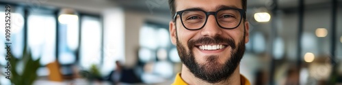 Smiling bearded man in glasses with office background