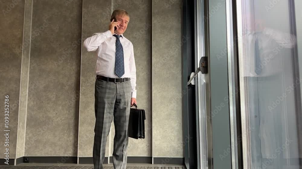 Businessman stands in office, phone to ear, looking out the window during daytime meeting