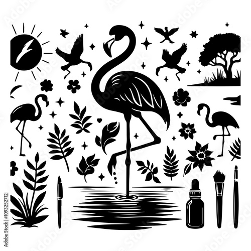 Flamingo silhouettes set, animal pack of vector silhouette design, best photo