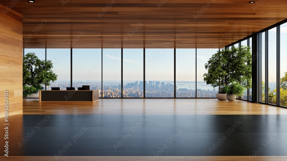 Modern office interior with a stunning city view. The room features a sleek reception desk, large windows, and lush potted plants, creating a calm and productive atmosphere. Modern office interior with a stunning city view. The room features a sleek reception desk, large windows, and lush potted plants, creating a calm and productive atmosphere.