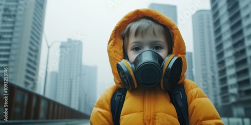 A young child in a bright orange jacket stands in a modern city. The child wears a gas mask amidst tall buildings. This image captures urban life and environmental issues. AI photo