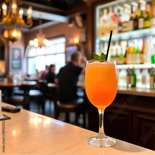 Cocktail with rose on bar counter in restaurant pub Orange drink with juice Fresh prepared alcoholic cooler photo