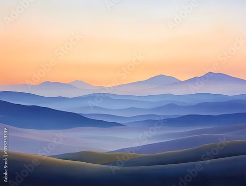 Serene Mountain Landscape with Soft Gradients and Tranquil Colors at Dawn, Ideal for Nature Themes and Peaceful Atmospheres in Artistic Projects photo