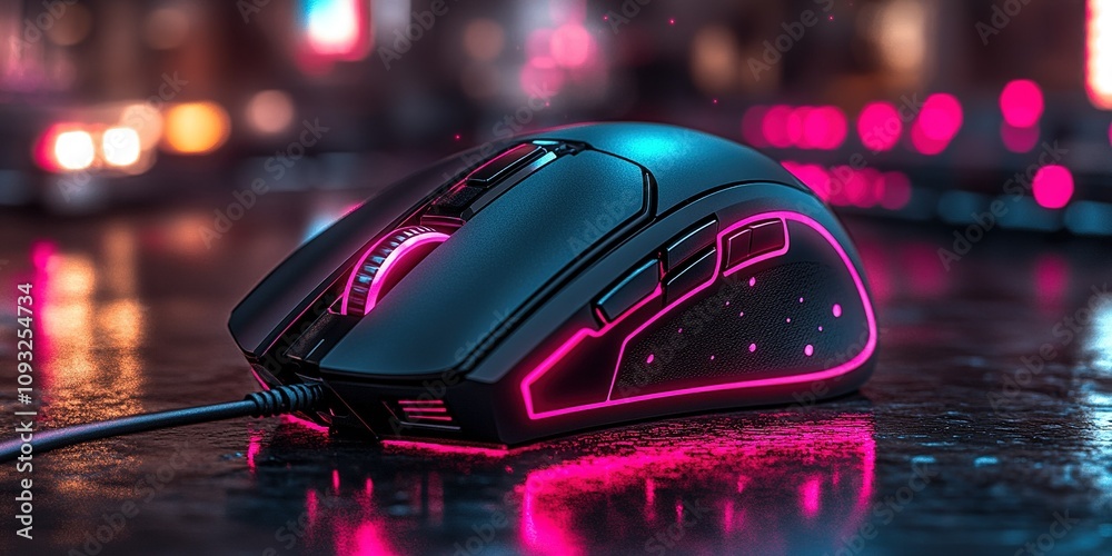 Gaming mouse with vibrant pink lighting on a reflective surface in a modern setting Gaming mouse with vibrant pink lighting on a reflective surface in a modern setting