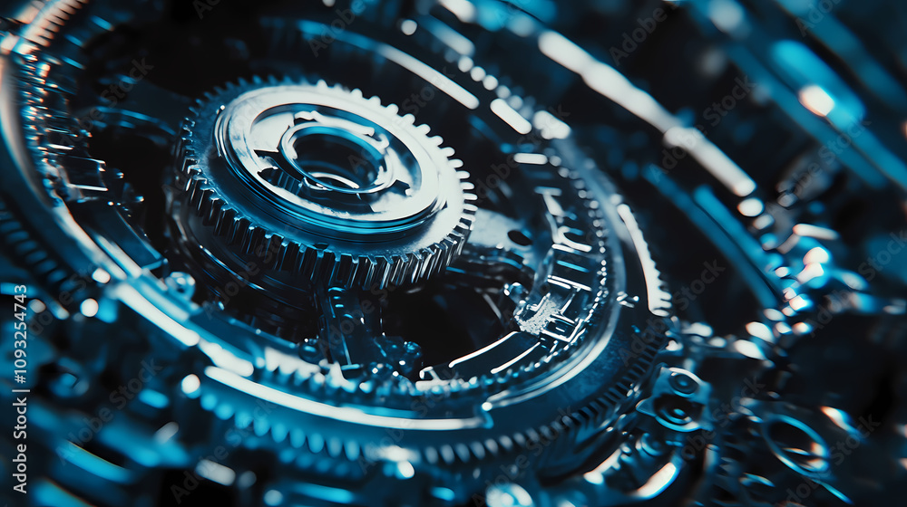 Close-up of a complex metal gear mechanism with a blue hue. Mechanical Gear Mechanism. Illustration