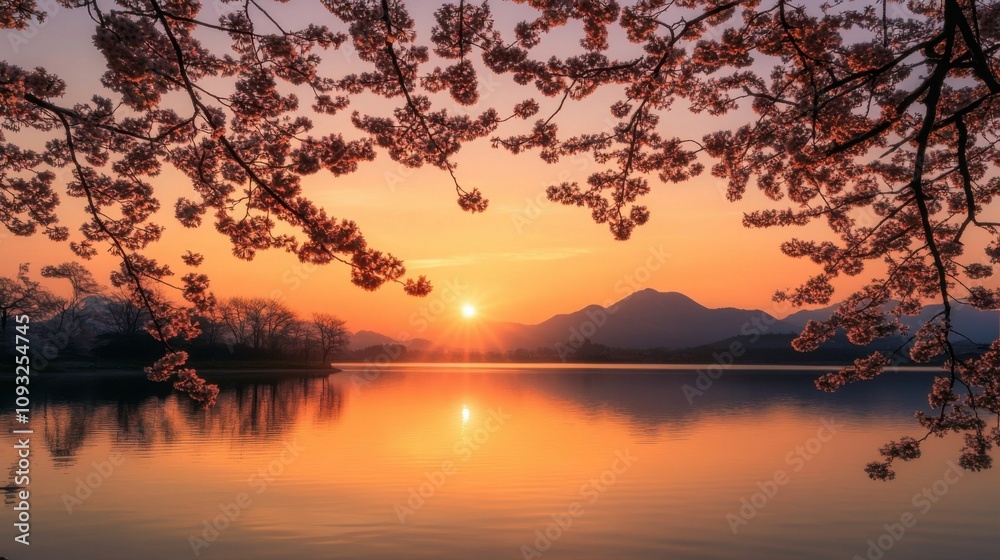 Serene Sunset Over Calm Lake Surrounded by Cherry Blossom Trees with Mountains in the Background, Capturing Nature's Tranquil Beauty at Dusk Serene Sunset Over Calm Lake Surrounded by Cherry Blossom Trees with Mountains in the Background, Capturing Nature's Tranquil Beauty at Dusk