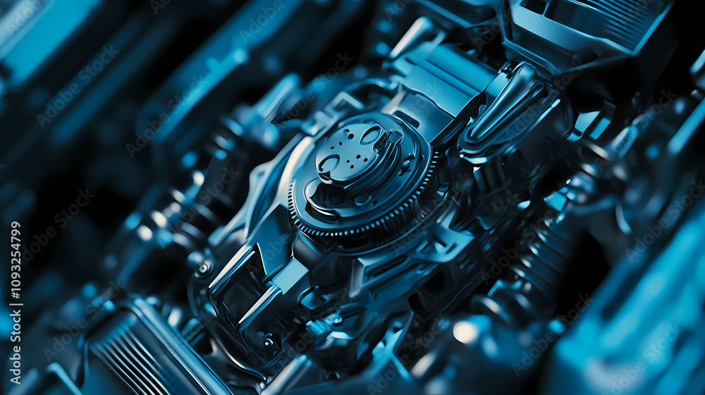 Fototapeta premium Close-up of a complex metal gear mechanism with a blue hue. Mechanical Gear Mechanism. Illustration