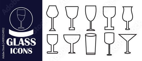 Collection of wine Glass Icon, Line Cocktail glass Vector illustration.