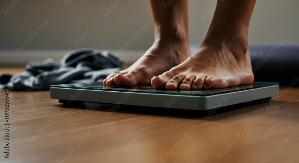 Feet standing on digital scale on wooden floor with clothes nearby Feet standing on digital scale on wooden floor with clothes nearby