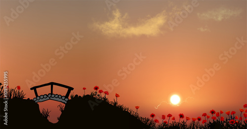 Beautiful vector landscape with wooden bridge, grass and pope flowers. Black silhouette image with red poppies and orange sunset sky with shining sun