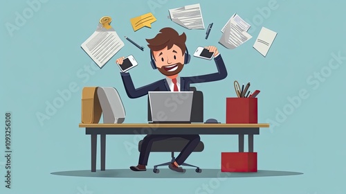 Overwhelmed Businessman at Desk Surrounded by Papers and Phones