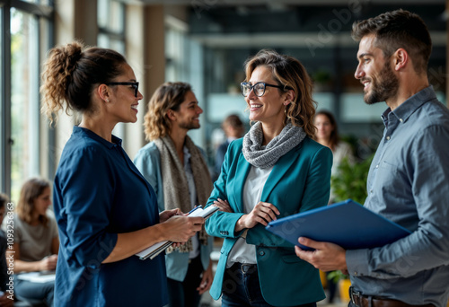Professional Colleagues Engaging in a Lively Office Conversation

