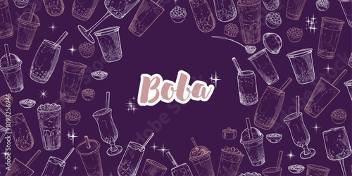 Vector hand drawn bubble teas with Boba word in the middle. Landscape banner design with milk tea in glasses or plastic to-go cups. Beverages with straws. Warm outline only illustration with drinks.