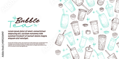 Landscape banner with hand drawn bubble teas. The illustration is outline only. Boba milk teas background with text on the side. Beverages with straws isolated. 