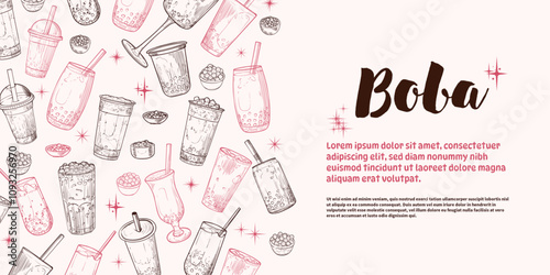 Landscape banner with hand drawn bubble teas. The illustration is outline only. Boba milk teas background with text on the side. Beverages with straws isolated. 