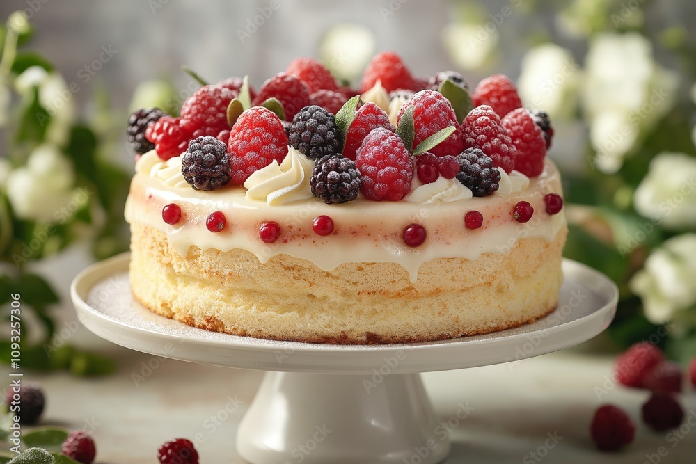 A delicate Easter cake topped with cream, decorated with fresh raspberries, blackberries, and red currants, set on a cake stand with a soft background of greenery and white flowers A delicate Easter cake topped with cream, decorated with fresh raspberries, blackberries, and red currants, set on a cake stand with a soft background of greenery and white flowers