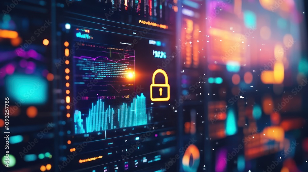 A digital interface showcasing data analytics with a lock symbol, emphasizing cybersecurity. A digital interface showcasing data analytics with a lock symbol, emphasizing cybersecurity.