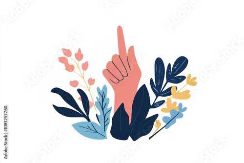 Minimalist Illustration of a Raised Hand Pointing Upward Surrounded by Flowers on White Background