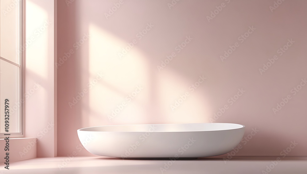 Minimalist bathroom scene with a white basin against pink walls. Minimalist bathroom scene with a white basin against pink walls.