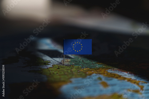 European Union flag dramatically highlighted on Europe map. Crisis