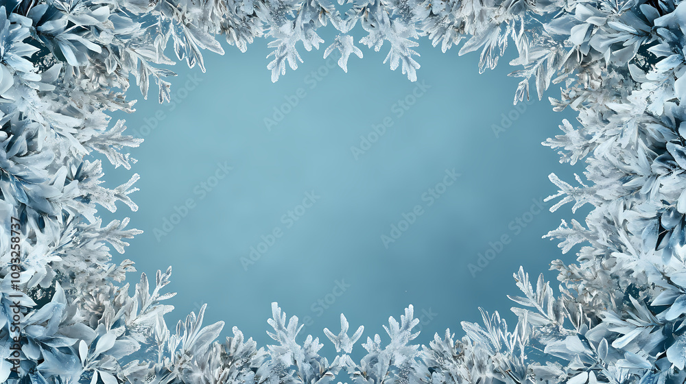 A delicate frame of intricate frost patterns adorns a tranquil blue background, evoking a sense of winter stillness and ethereal beauty. Ethereal Ice Crystals. Illustration A delicate frame of intricate frost patterns adorns a tranquil blue background, evoking a sense of winter stillness and ethereal beauty. Ethereal Ice Crystals. Illustration