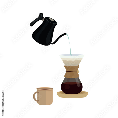 Drip filter coffee brewing. pouring hot water over filter with ground coffee in the funnel. making a drip coffee, pouring hot water from kettle over a ground coffee powder. A cup of filter coffe. 