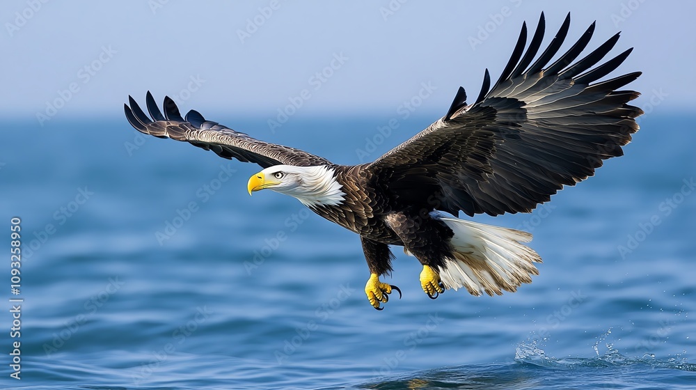 Fototapeta premium A majestic eagle soaring above the ocean, showcasing its powerful wings and sharp gaze in pursuit of its prey.
