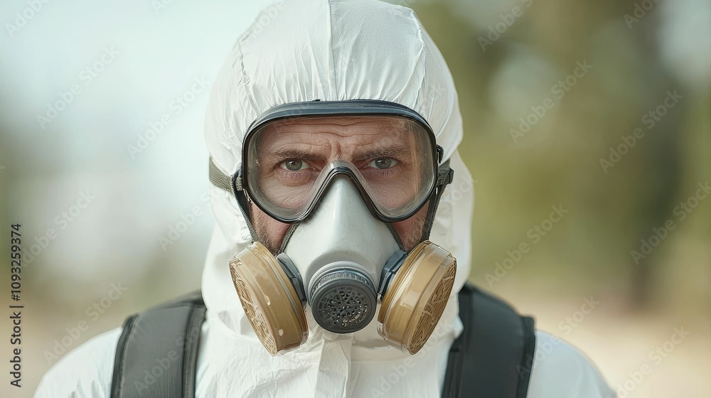 Cancer Toxins concept, A person in a protective suit and gas mask stands outdoors, conveying a sense of caution and readiness against potential hazards. Cancer Toxins concept, A person in a protective suit and gas mask stands outdoors, conveying a sense of caution and readiness against potential hazards.
