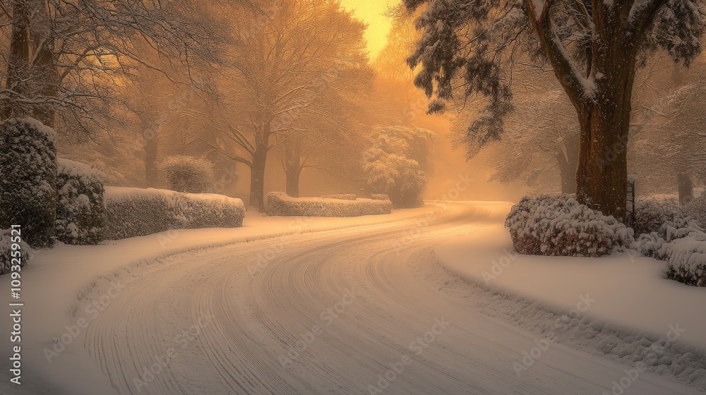 A serene winter scene with a winding snow-covered road and trees in soft golden light. A serene winter scene with a winding snow-covered road and trees in soft golden light.