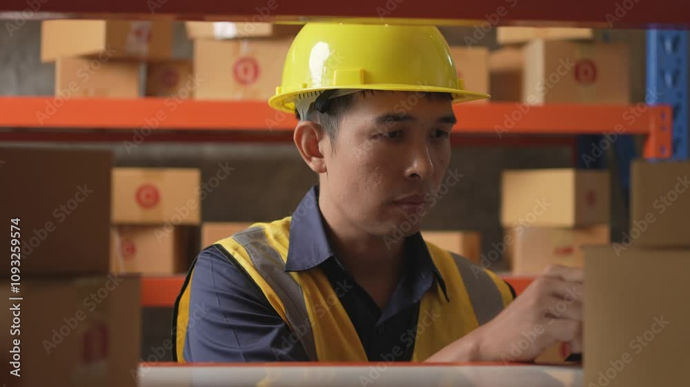 Warehouse worker wearing safety vest and helmet using digital tablet and stylus to check inventory