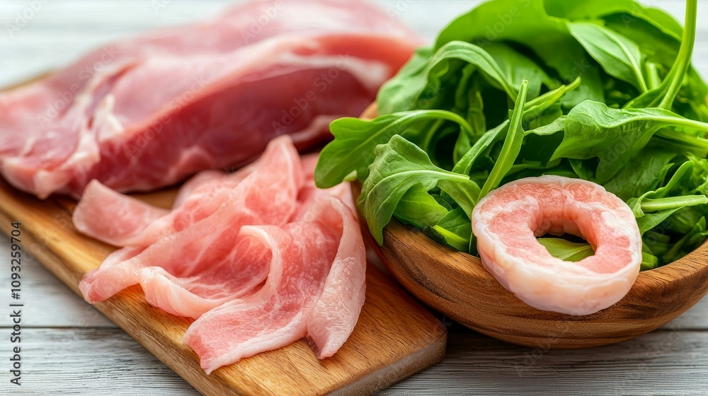 Cancer Toxins concept, Fresh slices of meat and vibrant green arugula arranged on a wooden board, showcasing a healthy and appetizing meal preparation. Cancer Toxins concept, Fresh slices of meat and vibrant green arugula arranged on a wooden board, showcasing a healthy and appetizing meal preparation.