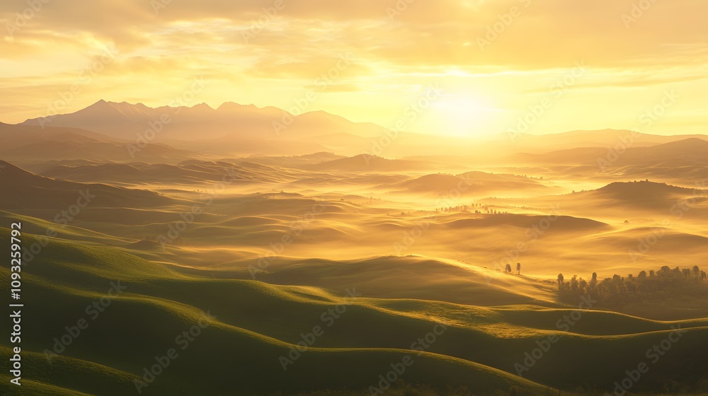 Obraz premium Serene Sunrise Over Rolling Hills and Misty Valleys in a Golden Landscape with Mountains in the Background and a Calm Atmosphere