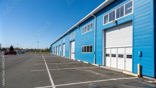 Wallpaper Mural Blue Warehouse with White Windows in an Empty Parking Lot – High Depth of Field Photography Torontodigital.ca