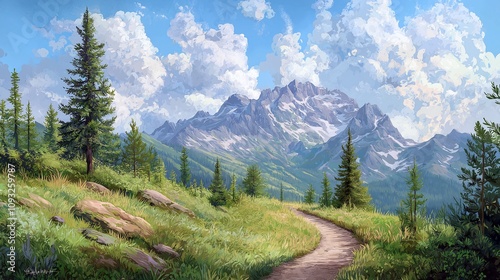Majestic Mountain Path, Hiking Trail Landscape